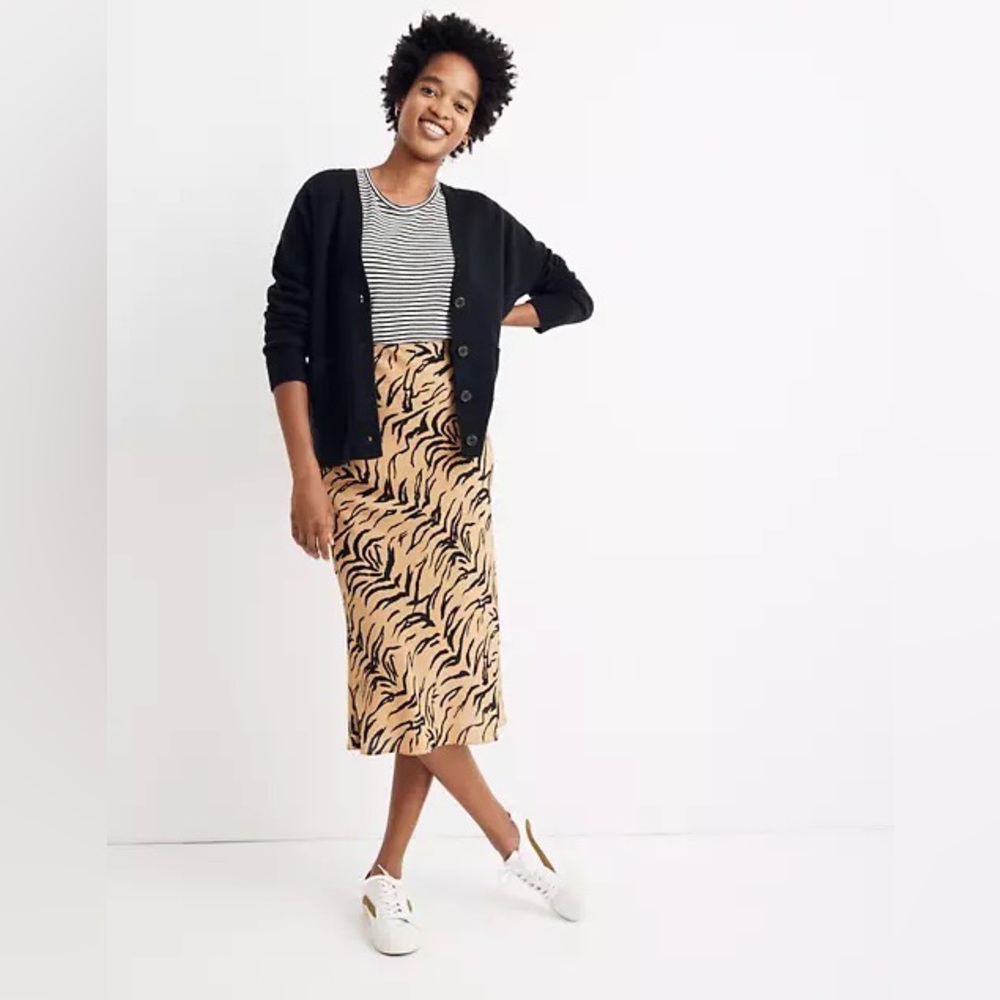 Madewell Orange Tan Black Silk Midi Slip Skirt Tiger Stripe Size 6